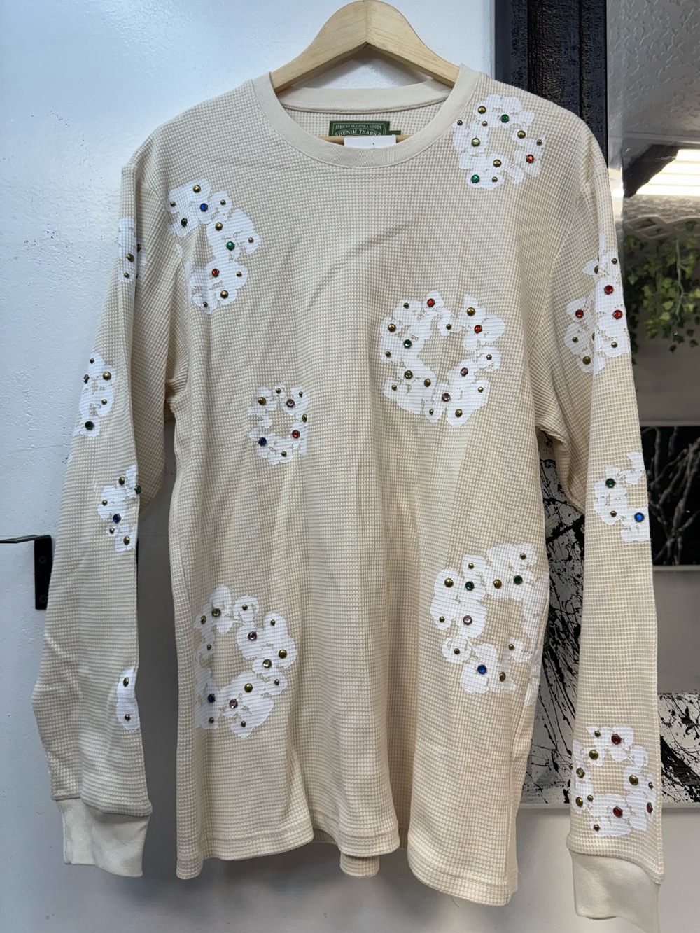 Men's Beige Embellished Waffle Long Sleeve Shirt